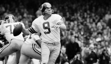 Washington quarterback Sonny Jurgensen looks to pass against the New York Giants during an NFL football game in 1974. (AP File Photo)