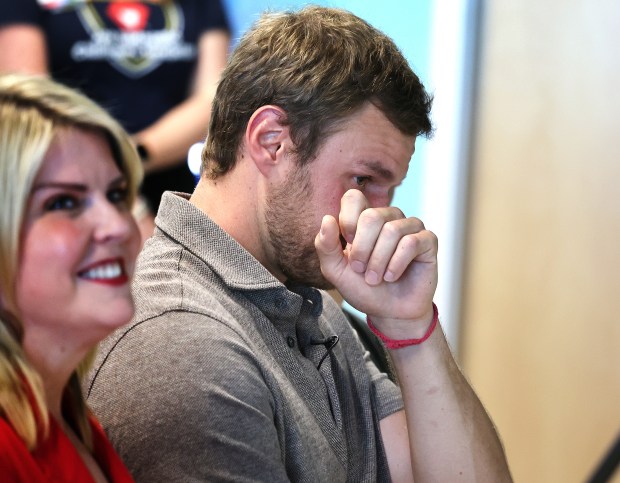 Florida Panthers captain Aleksander "Sasha" Barkov, a longtime supporter of Joe DiMaggio Children's Hospital, wipes away tears as he watches a video made for him by pediatric patients in Hollywood on Tuesday, Feb. 24, 2026. (Carline Jean/South Florida Sun Sentinel)