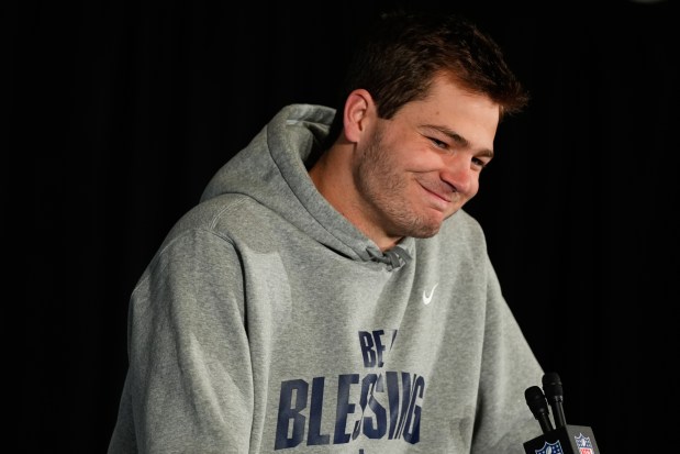 New England Patriots quarterback Drake Maye talks to the media during a news conference Thursday, Feb. 5, 2026, in Santa Clara, Calif., ahead of the Super Bowl 60 NFL football game between the New England Patriots and the Seattle Seahawks. (AP Photo/Charlie Riedel)
