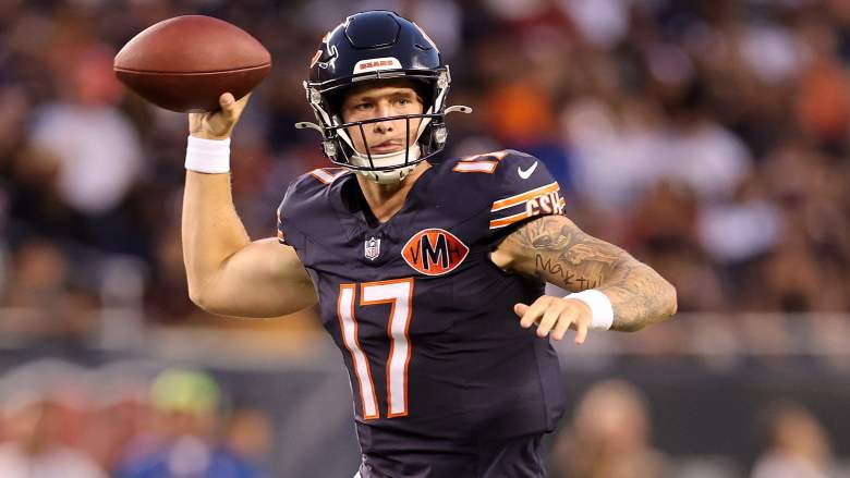 Chicago Bears quarterback Tyson Bagent throws against the Buffalo Bills in the 2025 NFL Preseason.