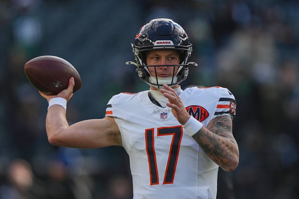 Chicago Bears quarterback Tyson Bagent (17) warming up before a game.