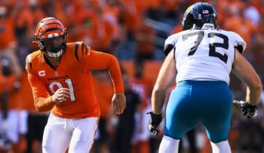Sep 14, 2025; Cincinnati, Ohio, USA; Cincinnati Bengals defensive end Trey Hendrickson (91) plays the field against Jacksonville Jaguars offensive tackle Walker Little (72) in the second half at Paycor Stadium. Mandatory Credit: Katie Stratman-Imagn Images