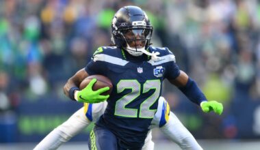 Seattle Seahawks wide receiver Rashid Shaheed (22) runs with the football.