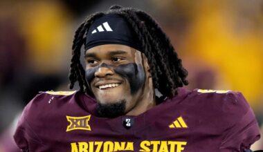 Nov 28, 2025; Tempe, Arizona, USA; Arizona State Sun Devils offensive lineman Max Iheanachor (58) against the Arizona Wildcats during the 99th Territorial Cup at Mountain America Stadium. Mandatory Credit: Mark J. Rebilas-Imagn Images