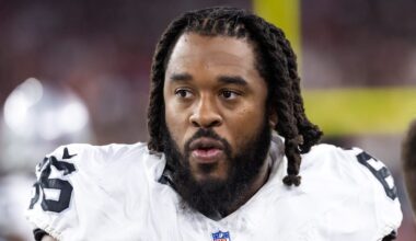 Aug 23, 2025; Glendale, Arizona, USA; Las Vegas Raiders guard Dylan Parham (66) against the Arizona Cardinals during a preseason NFL game at State Farm Stadium. Mandatory Credit: Mark J. Rebilas-Imagn Images