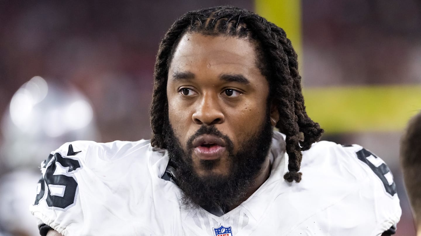 Aug 23, 2025; Glendale, Arizona, USA; Las Vegas Raiders guard Dylan Parham (66) against the Arizona Cardinals during a preseason NFL game at State Farm Stadium. Mandatory Credit: Mark J. Rebilas-Imagn Images