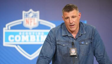 Feb 25, 2026; Indianapolis, IN, USA; New England Patriots coach Mike Vrabel speaks during the NFL Scouting Combine at the Indiana Convention Center. Mandatory Credit: Kirby Lee-Imagn Images