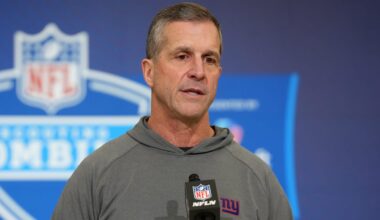 Feb 24, 2026; Indianapolis, IN, USA; New York Giants coach John Harbaugh speaks at the NFL Scouting Combine at the Indiana Convention Center. Mandatory Credit: Kirby Lee-Imagn Images