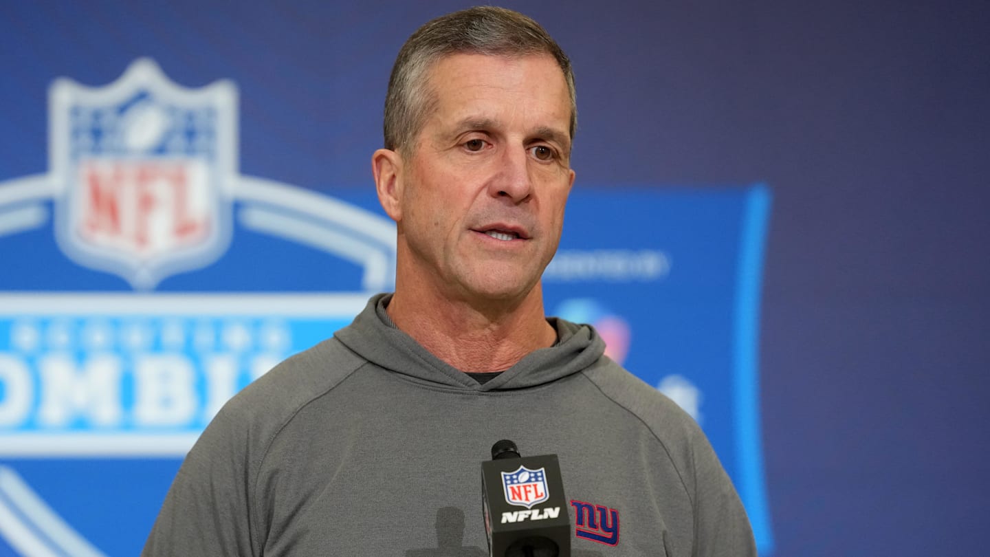 Feb 24, 2026; Indianapolis, IN, USA; New York Giants coach John Harbaugh speaks at the NFL Scouting Combine at the Indiana Convention Center. Mandatory Credit: Kirby Lee-Imagn Images