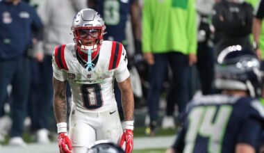 Feb 8, 2026; Santa Clara, CA, USA; New England Patriots cornerback Christian Gonzalez (0) during the third quarter against the Seattle Seahawks in Super Bowl LX at Levi's Stadium. Mandatory Credit: Darren Yamashita-Imagn Images