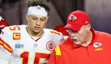 Feb 12, 2023; Glendale, Arizona, US; Kansas City Chiefs quarterback Patrick Mahomes (15) talks with head coach Andy Reid before the start of the third quarter of Super Bowl LVII at State Farm Stadium.
