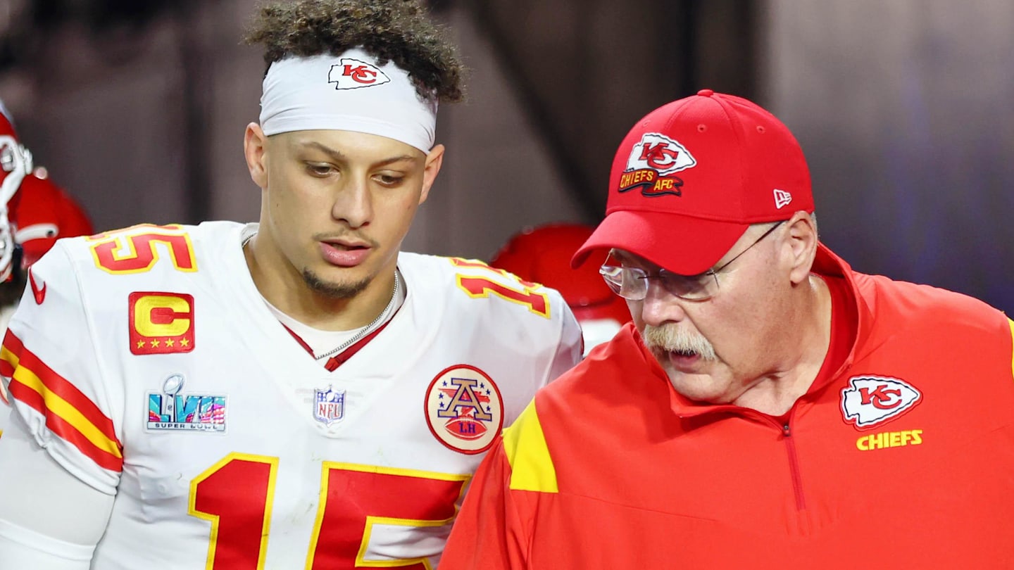 Feb 12, 2023; Glendale, Arizona, US; Kansas City Chiefs quarterback Patrick Mahomes (15) talks with head coach Andy Reid before the start of the third quarter of Super Bowl LVII at State Farm Stadium.
