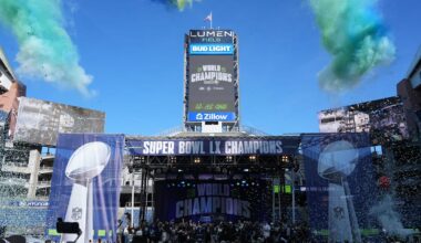 Feb 11, 2026; Seattle, WA, USA; Confetti falls during the Super Bowl LX trophy celebration at Lumen Field. Mandatory Credit: Kirby Lee-Imagn Images