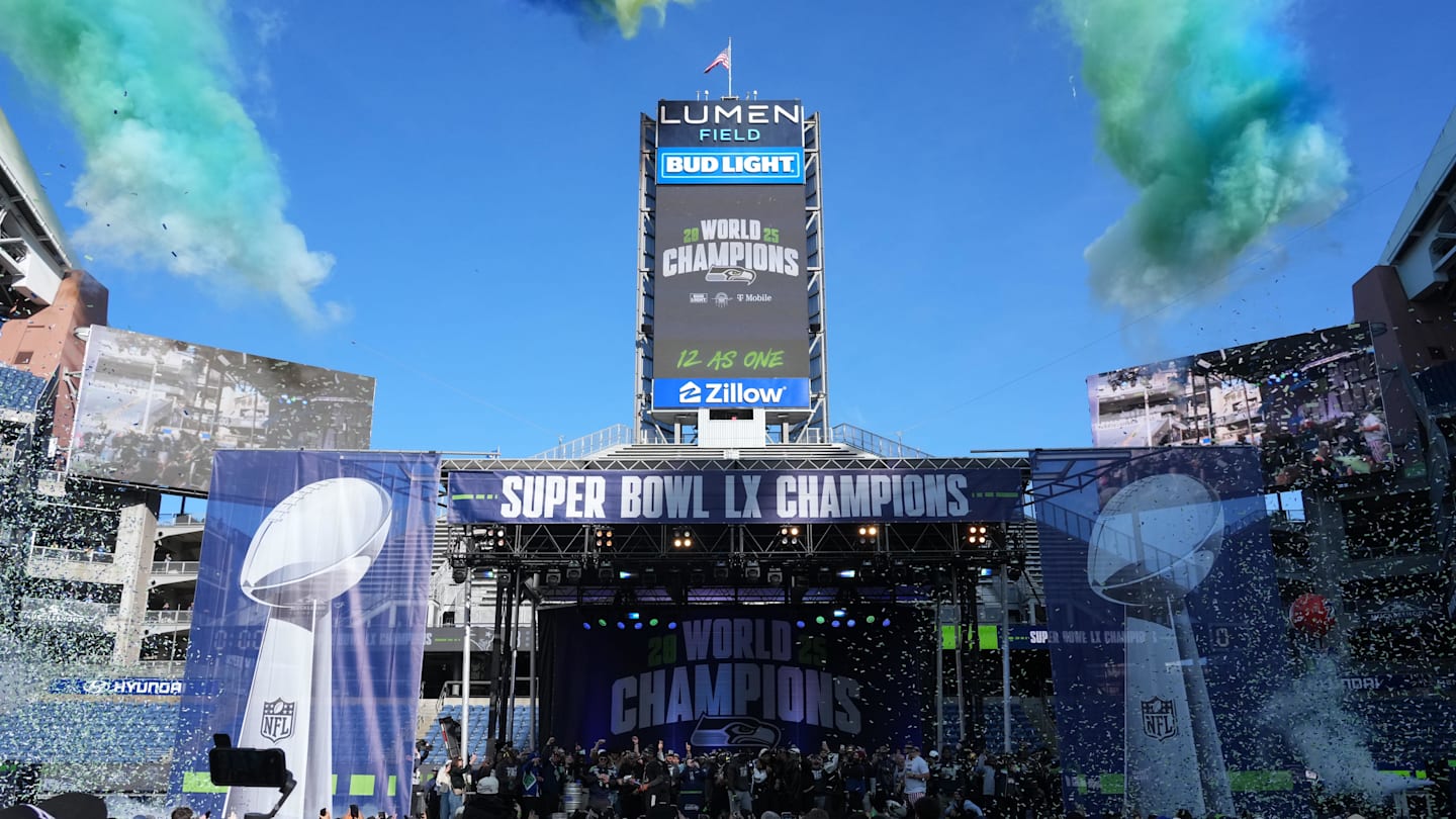 Feb 11, 2026; Seattle, WA, USA; Confetti falls during the Super Bowl LX trophy celebration at Lumen Field. Mandatory Credit: Kirby Lee-Imagn Images