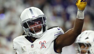 Dec 25, 2025; Minneapolis, Minnesota, USA; Minnesota Vikings running back Aaron Jones Sr. (33) celebrates after scoring a touchdown against the Detroit Lions in the first quarter at U.S. Bank Stadium.