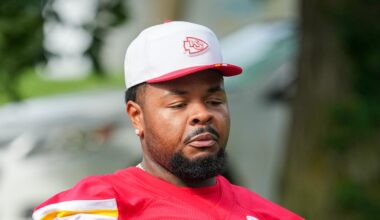 Jul 22, 2025; St. Joseph, MO, USA; Kansas City Chiefs offensive tackle Jawaan Taylor (74) walks down the hill to the practice fields during training camp at Missouri Western State University. Mandatory Credit: Denny Medley-Imagn Images