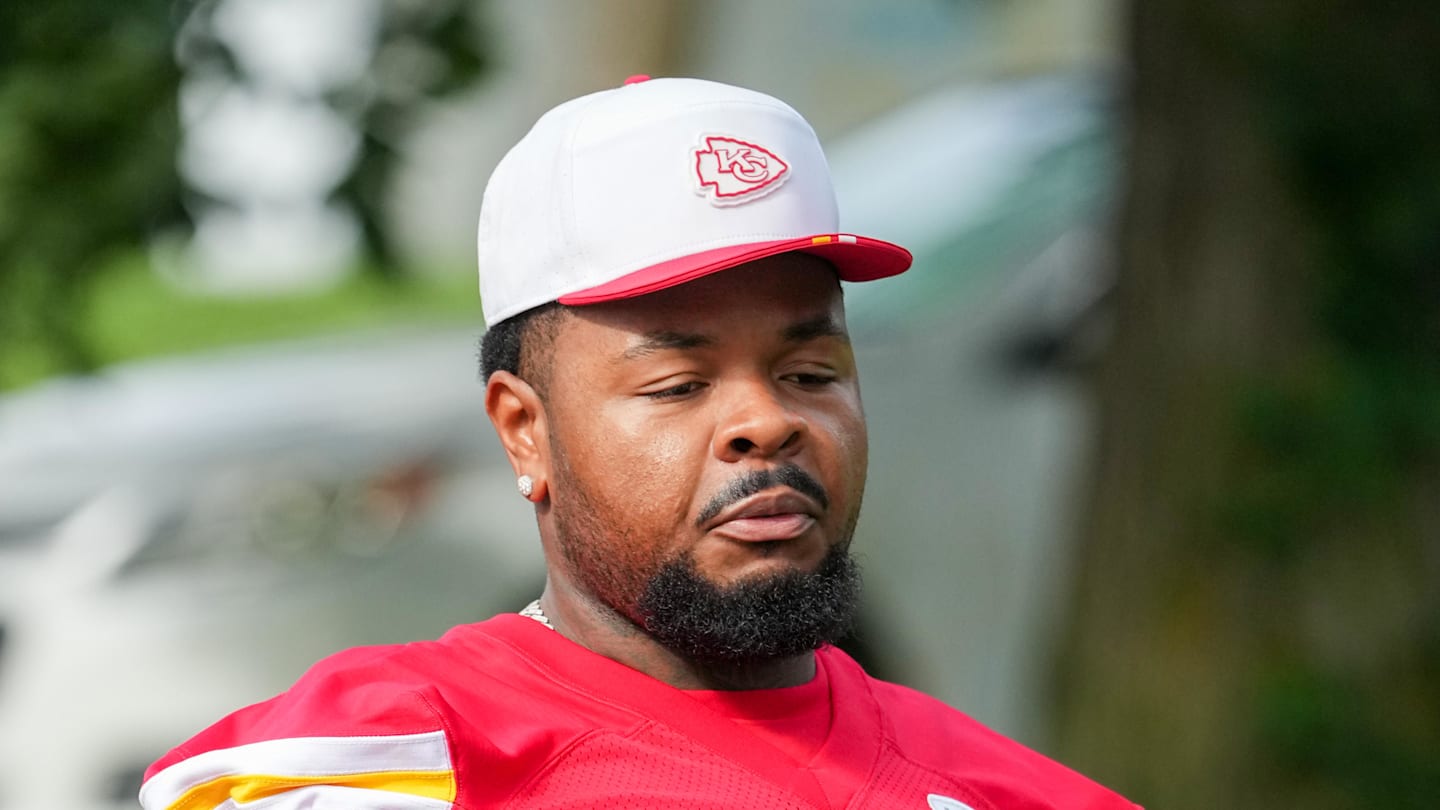 Jul 22, 2025; St. Joseph, MO, USA; Kansas City Chiefs offensive tackle Jawaan Taylor (74) walks down the hill to the practice fields during training camp at Missouri Western State University. Mandatory Credit: Denny Medley-Imagn Images