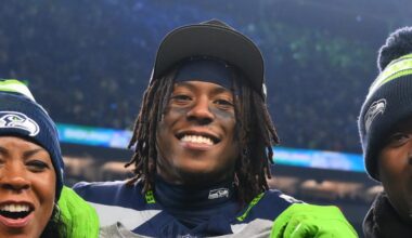 Seattle Seahawks wide receiver Rashid Shaheed celebrates