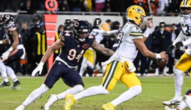 Jan 10, 2026; Chicago, IL, USA; in Chicago Bears defensive end Austin Booker (94) pressures Green Bay Packers quarterback Jordan Love (10) during an NFC Wild Card Round game at Soldier Field. Mandatory Credit: Matt Marton-Imagn Images