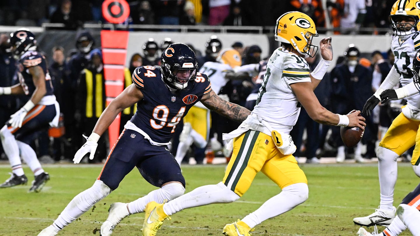 Jan 10, 2026; Chicago, IL, USA; in Chicago Bears defensive end Austin Booker (94) pressures Green Bay Packers quarterback Jordan Love (10) during an NFC Wild Card Round game at Soldier Field. Mandatory Credit: Matt Marton-Imagn Images