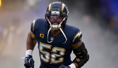 Oct 23, 2025; Inglewood, California, USA;  Los Angeles Chargers outside linebacker Khalil MacK (52) is introduced for the game against the Minnesota Vikings at SoFi Stadium. Mandatory Credit: Jayne Kamin-Oncea-Imagn Images