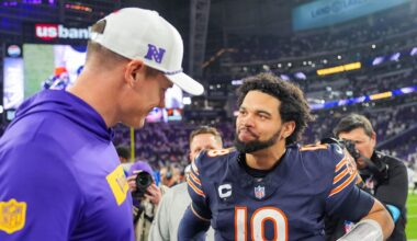 Dec 16, 2024; Minneapolis, Minnesota, USA; Chicago Bears quarterback Caleb Williams (18) talks to Minnesota Vikings head coach Kevin O'Connell after the game quarter at U.S. Bank Stadium. Mandatory Credit: Brad Rempel-Imagn Images