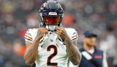 Sep 28, 2025; Paradise, Nevada, USA; Chicago Bears wide receiver DJ Moore (2) warms up before the game against the Las Vegas Raiders at Allegiant Stadium.