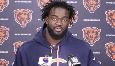 May 10, 2025; Lake Forest, IL, USA; Chicago Bears linebacker Ruben Hyppolite III answers questions after rookie minicamp at Halas Hall.
