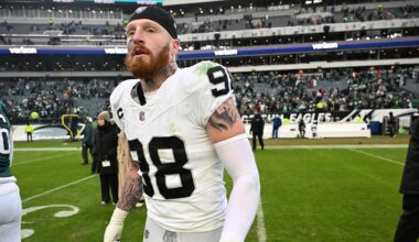 Dec 14, 2025; Philadelphia, Pennsylvania, USA; Las Vegas Raiders defensive end Maxx Crosby (98) on the field after loss to the Philadelphia Eagles at Lincoln Financial Field. Mandatory Credit: Eric Hartline-Imagn Images