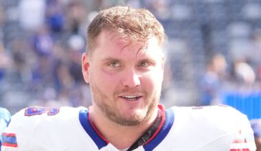 Sep 14, 2025; East Rutherford, New Jersey, USA; Buffalo Bills guard David Edwards (76) after the game against the New York Jets at MetLife Stadium. Mandatory Credit: Robert Deutsch-Imagn Images