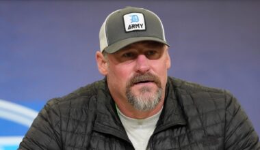 Feb 24, 2026; Indianapolis, IN, USA; Detroit Lions coach Dan Campbell speaks at the NFL Scouting Combine at the Indiana Convention Center. Mandatory Credit: Kirby Lee-Imagn Images