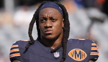 Sep 21, 2025; Chicago, Illinois, USA; Chicago Bears middle linebacker Tremaine Edmunds (49) before the game against the Dallas Cowboys at Soldier Field. Mandatory Credit: David Banks-Imagn Images