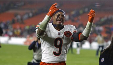 Oct 13, 2025; Landover, Maryland, USA; Chicago Bears safety Jaquan Brisker (9) celebrates after the winning field goal against the Washington Commanders during the fourth quarter at Northwest Stadium. Mandatory Credit: Peter Casey-Imagn Images