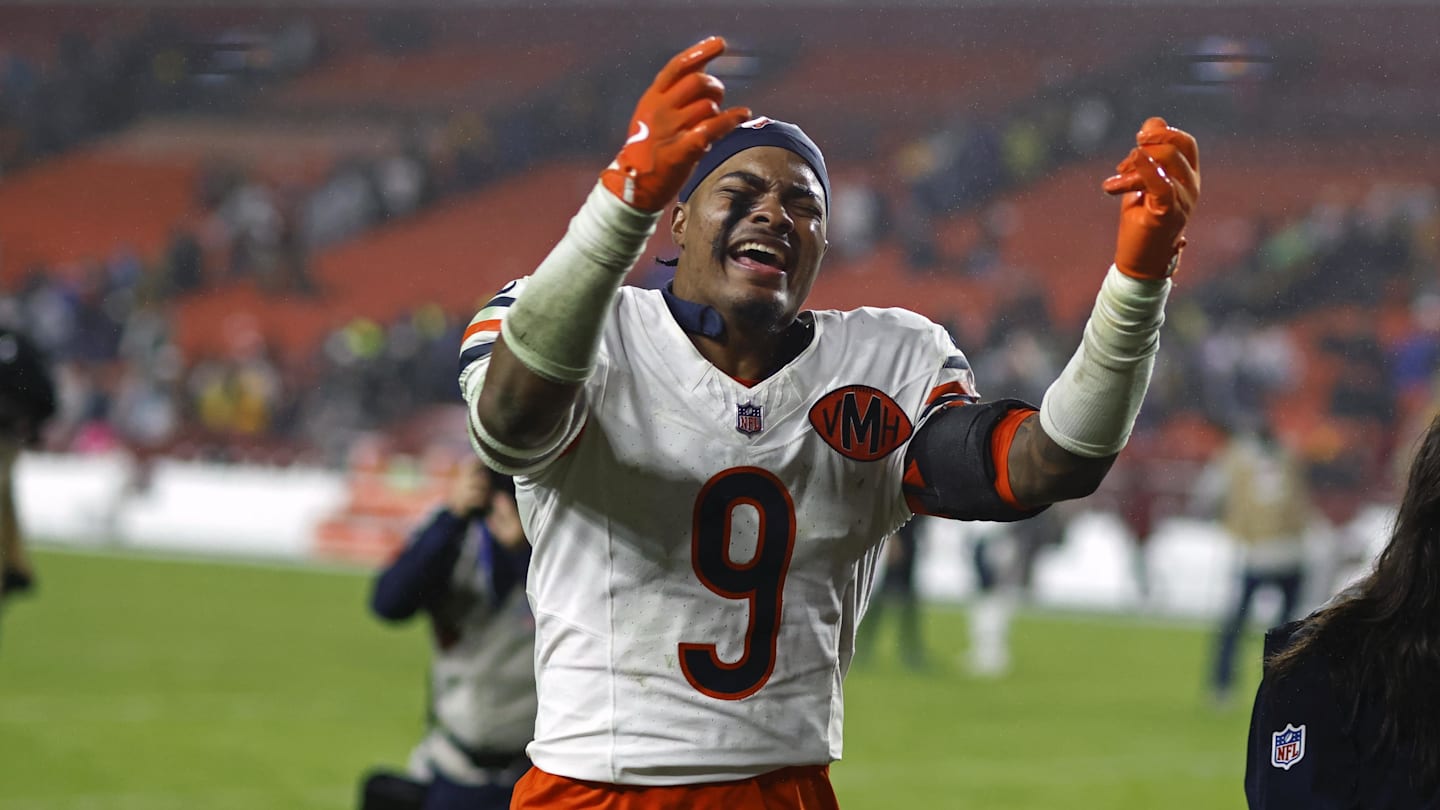 Oct 13, 2025; Landover, Maryland, USA; Chicago Bears safety Jaquan Brisker (9) celebrates after the winning field goal against the Washington Commanders during the fourth quarter at Northwest Stadium. Mandatory Credit: Peter Casey-Imagn Images