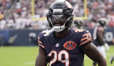 Sep 21, 2025; Chicago, Illinois, USA; Chicago Bears cornerback Tyrique Stevenson (29) reacts after a turnover against the Dallas Cowboys during the first half at Soldier Field.