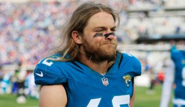 Jacksonville Jaguars safety Andrew Wingard (42) walks off the field after the game of an NFL football AFC Wild Card playoff matchup, Sunday, Jan. 11, 2026, in Jacksonville, Fla. The Bills defeated the Jaguars 27-24.