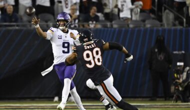 Sep 8, 2025; Chicago, Illinois, USA; Minnesota Vikings quarterback J.J. McCarthy (9) drops back to pass against the Chicago Bears during the first half at Soldier Field. Mandatory Credit: Matt Marton-Imagn Images