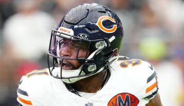Sep 28, 2025; Paradise, Nevada, USA; Chicago Bears free safety Kevin Byard (31) celebrates during the first quarter against Las Vegas Raiders at Allegiant Stadium. Mandatory Credit: Stephen R. Sylvanie-Imagn Images