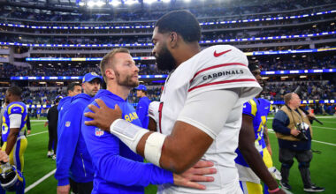Jan 4, 2026; Inglewood, California, USA;  Los Angeles Rams head coach Sean McVay and Arizona Cardinals quarterback Jacoby Brissett (7)  talk following a game at SoFi Stadium. Mandatory Credit: Gary A. Vasquez-Imagn Images