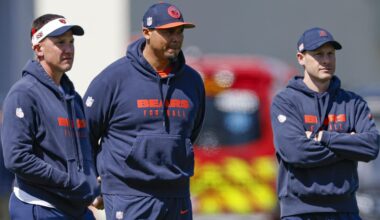 May 9, 2025; Lake Forest, IL, USA; Chicago Bears defensive coordinator Dennis Allen (L), general manager Ryan Poles (C), and head coach Ben Johnson (R) observe during the Rookie Minicamp at Halas Hall.