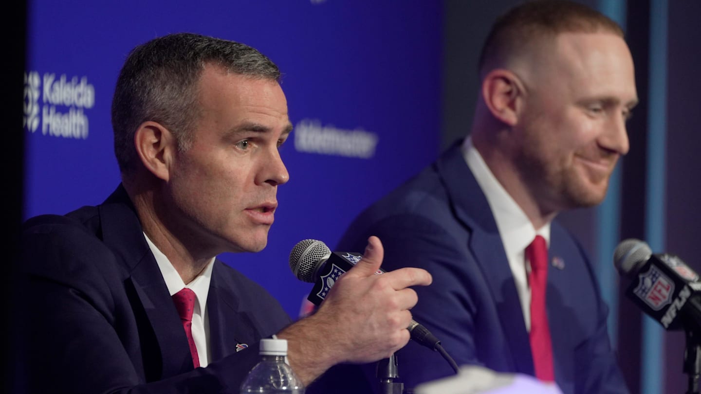 Brandon Beane, president of football operations and general manager for the Buffalo BIlls, and head coach Joe Brady take turns answering questions during a press conference that introduced Brady as the new head coach at the Bills field house in Orchard Park on Jan. 29, 2026.