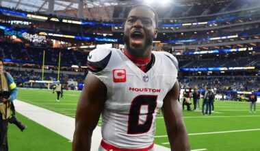 Dec 27, 2025; Inglewood, California, USA;  Houston Texans linebacker Azeez al-Shaair (0) leaves the field following a game against the Los Angeles Chargers at SoFi Stadium. Mandatory Credit: Gary A. Vasquez-Imagn Images