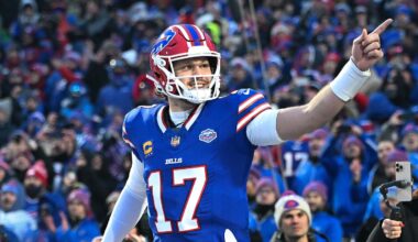 Jan 4, 2026; Orchard Park, New York, USA; Buffalo Bills quarterback Josh Allen (17) enters the field before a game against the New York Jets at Highmark Stadium. Mandatory Credit: Mark Konezny-Imagn Images