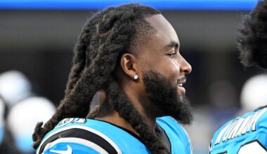 Aug 8, 2025; Charlotte, North Carolina, USA; Carolina Panthers linebacker Patrick Jones II (91) on the sidelines in the second quarter at Bank of America Stadium.