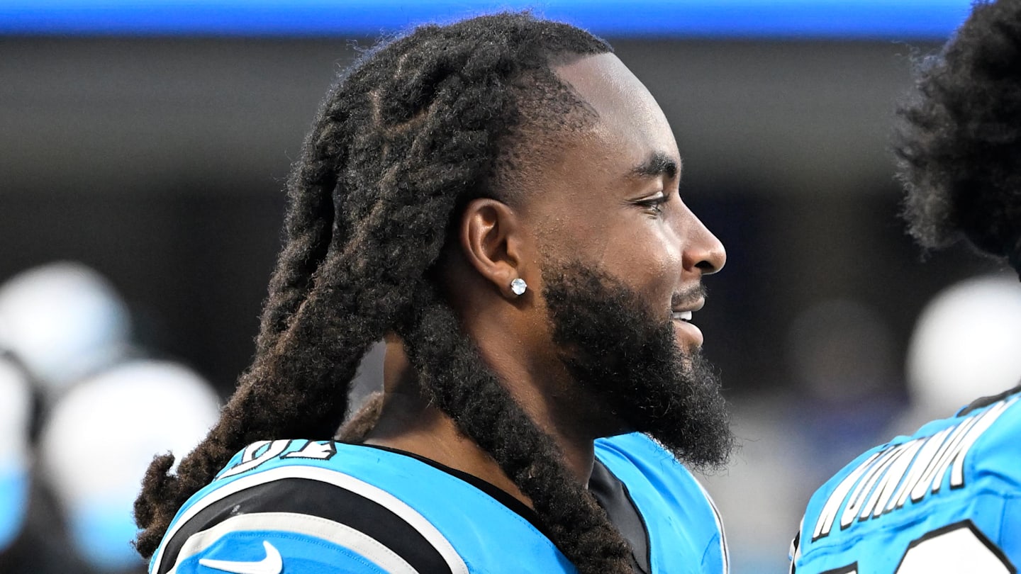 Aug 8, 2025; Charlotte, North Carolina, USA; Carolina Panthers linebacker Patrick Jones II (91) on the sidelines in the second quarter at Bank of America Stadium.