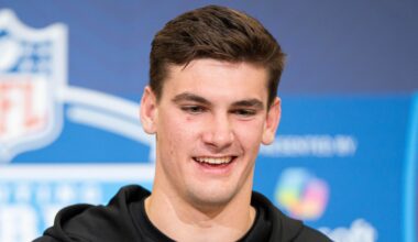 Feb 27, 2026; Indianapolis, IN, USA; Alabama quarterback Ty Simpson (QB17) speaks to members of the media during the NFL Combine at the Indiana Convention Center. Mandatory Credit: Jacob Musselman-Imagn Images