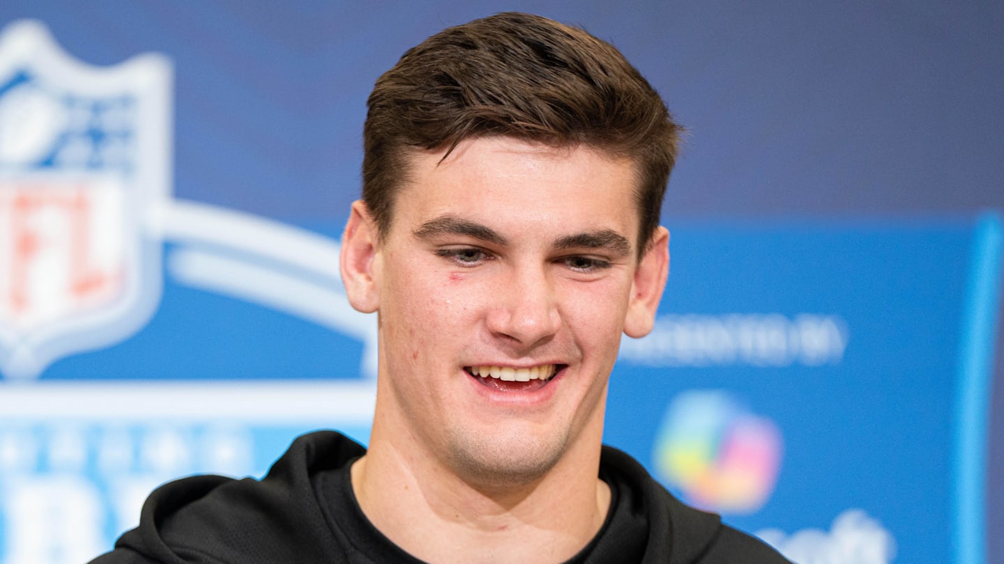 Feb 27, 2026; Indianapolis, IN, USA; Alabama quarterback Ty Simpson (QB17) speaks to members of the media during the NFL Combine at the Indiana Convention Center. Mandatory Credit: Jacob Musselman-Imagn Images