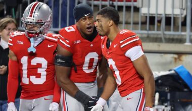Nov 15, 2025; Columbus, Ohio, USA;  Ohio State Buckeyes cornerback Lorenzo Styles Jr. (3) celebrates with his brother linebacker Sonny Styles (0) after his punt return for a touchdown during the third quarter against the UCLA Bruins at Ohio Stadium. Mandatory Credit: Joseph Maiorana-Imagn Images