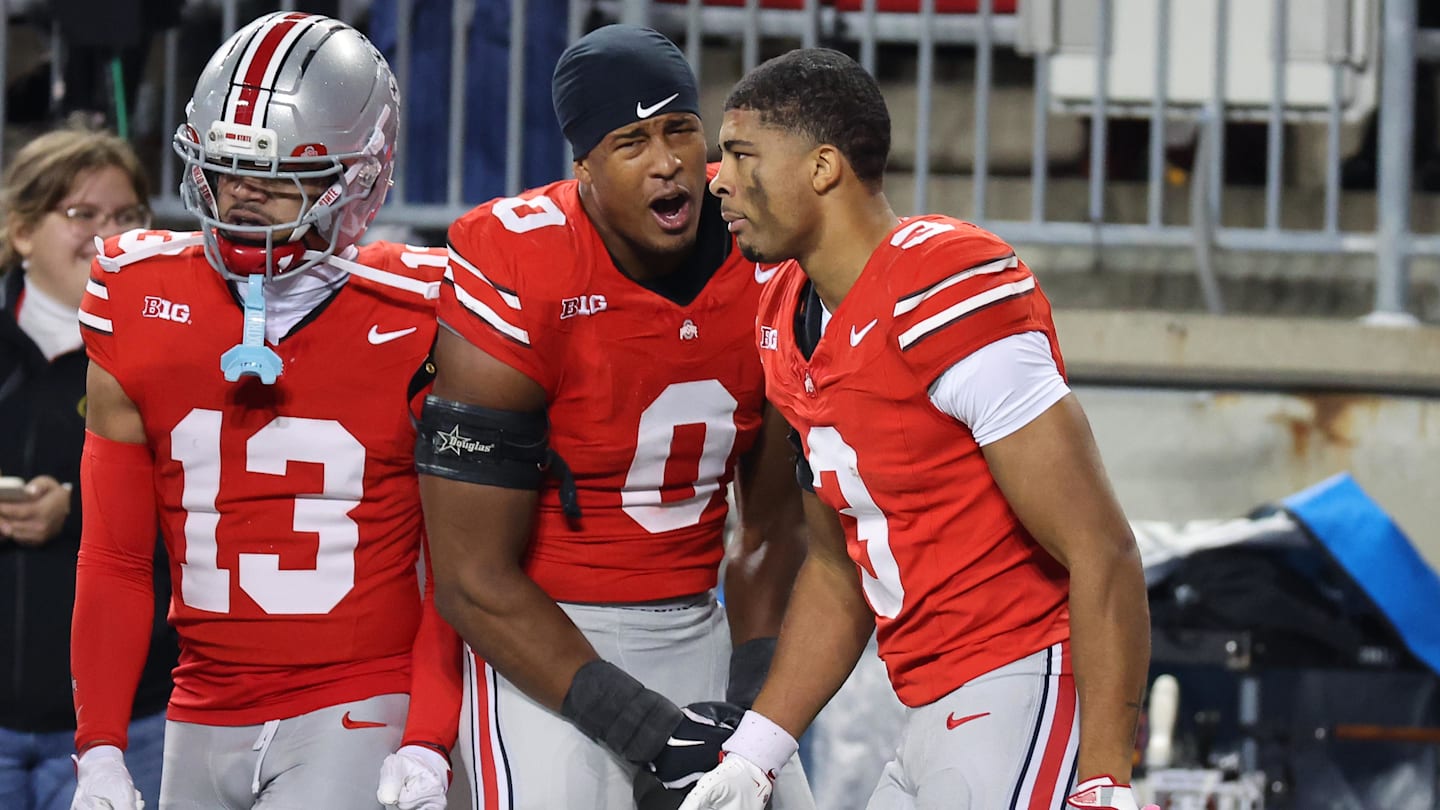 Nov 15, 2025; Columbus, Ohio, USA;  Ohio State Buckeyes cornerback Lorenzo Styles Jr. (3) celebrates with his brother linebacker Sonny Styles (0) after his punt return for a touchdown during the third quarter against the UCLA Bruins at Ohio Stadium. Mandatory Credit: Joseph Maiorana-Imagn Images