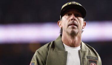San Francisco 49ers head coach Kyle Shanahan walks off the field